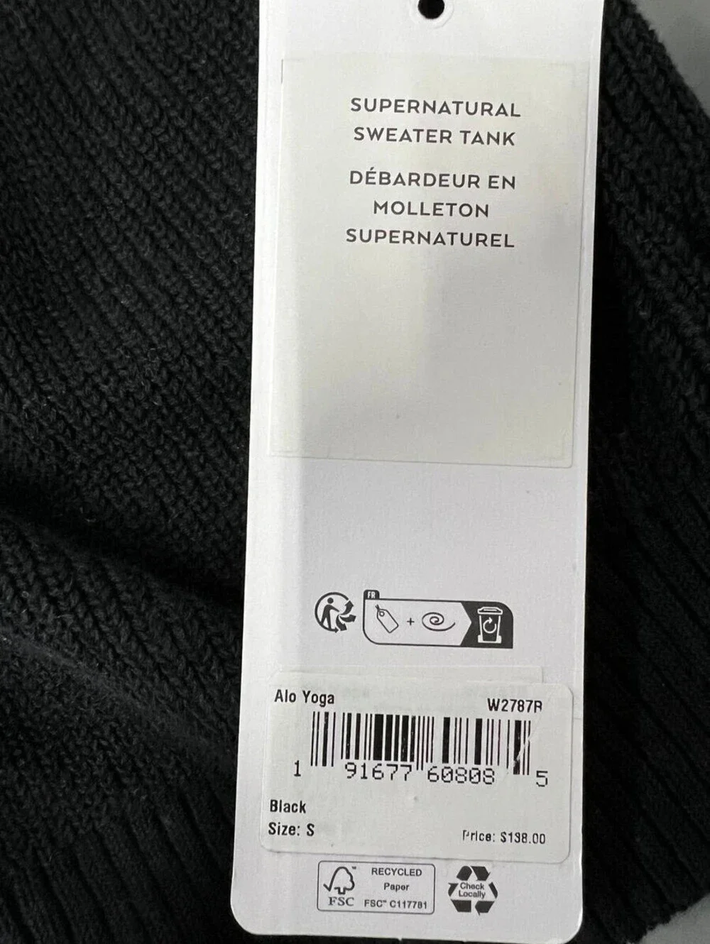 ALO YOGA Supernatural Sweater Tank Top Women's Size S Black W2787R NWT $138